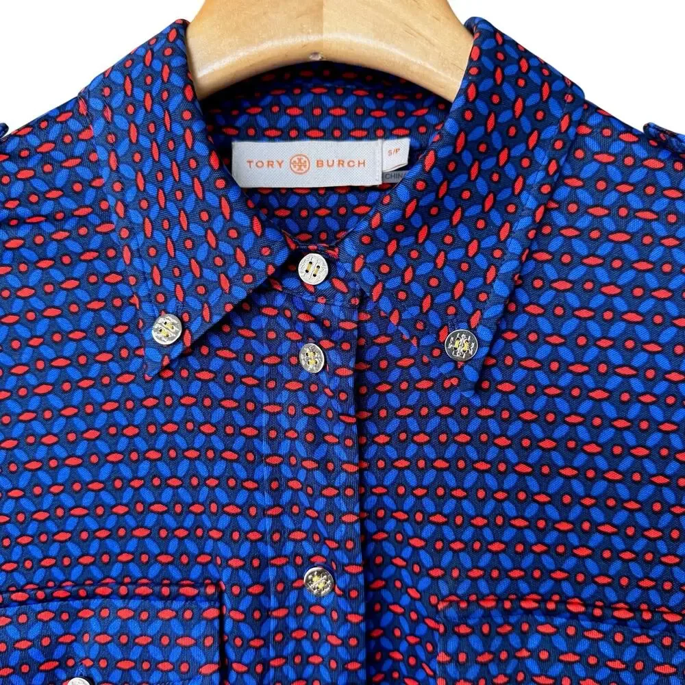 Tory Burch Silk Blend Utility Shirt Cobalt Blue Geometric Epaulets Gold Logo S